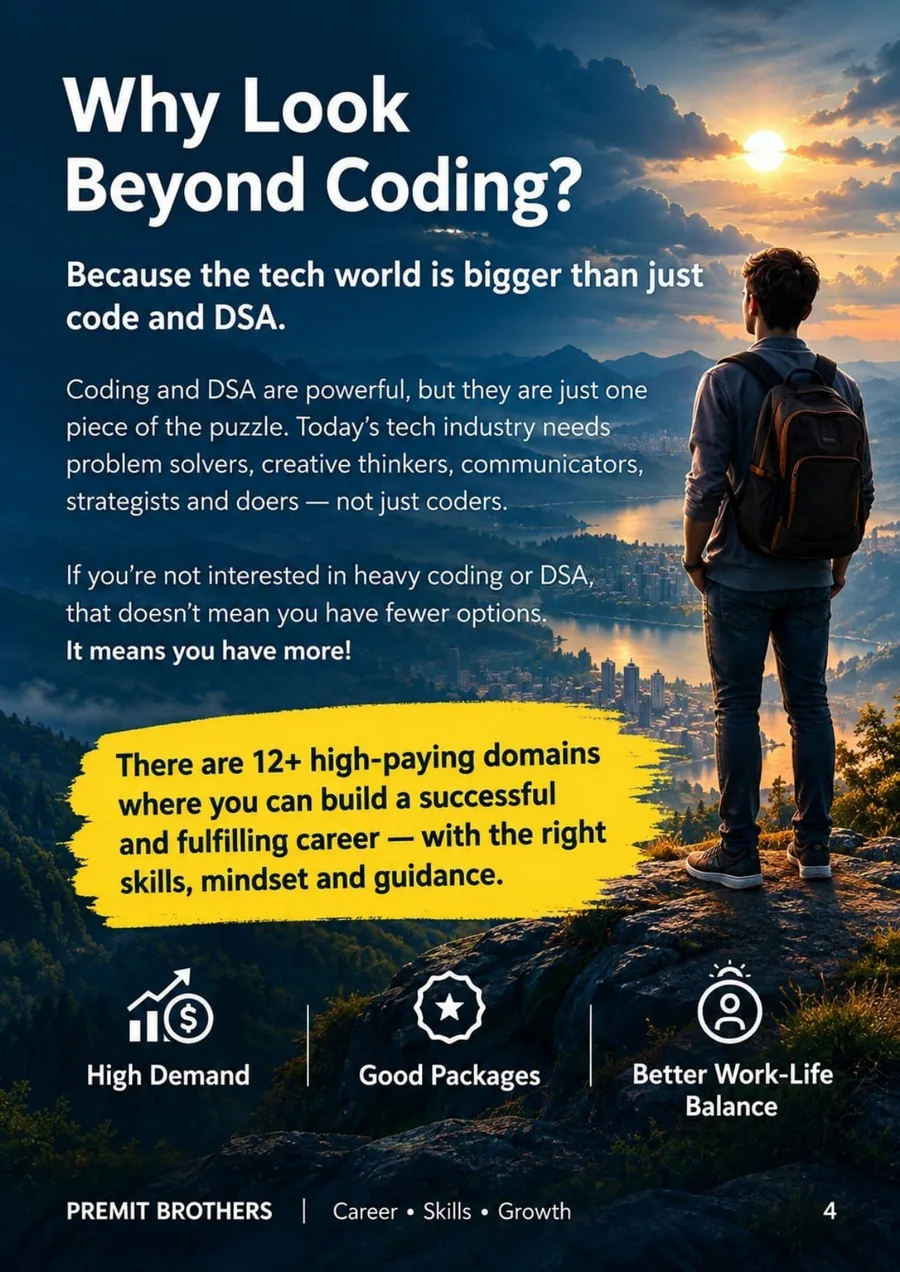 Beyond Coding guide page explaining why students can explore careers beyond coding and DSA