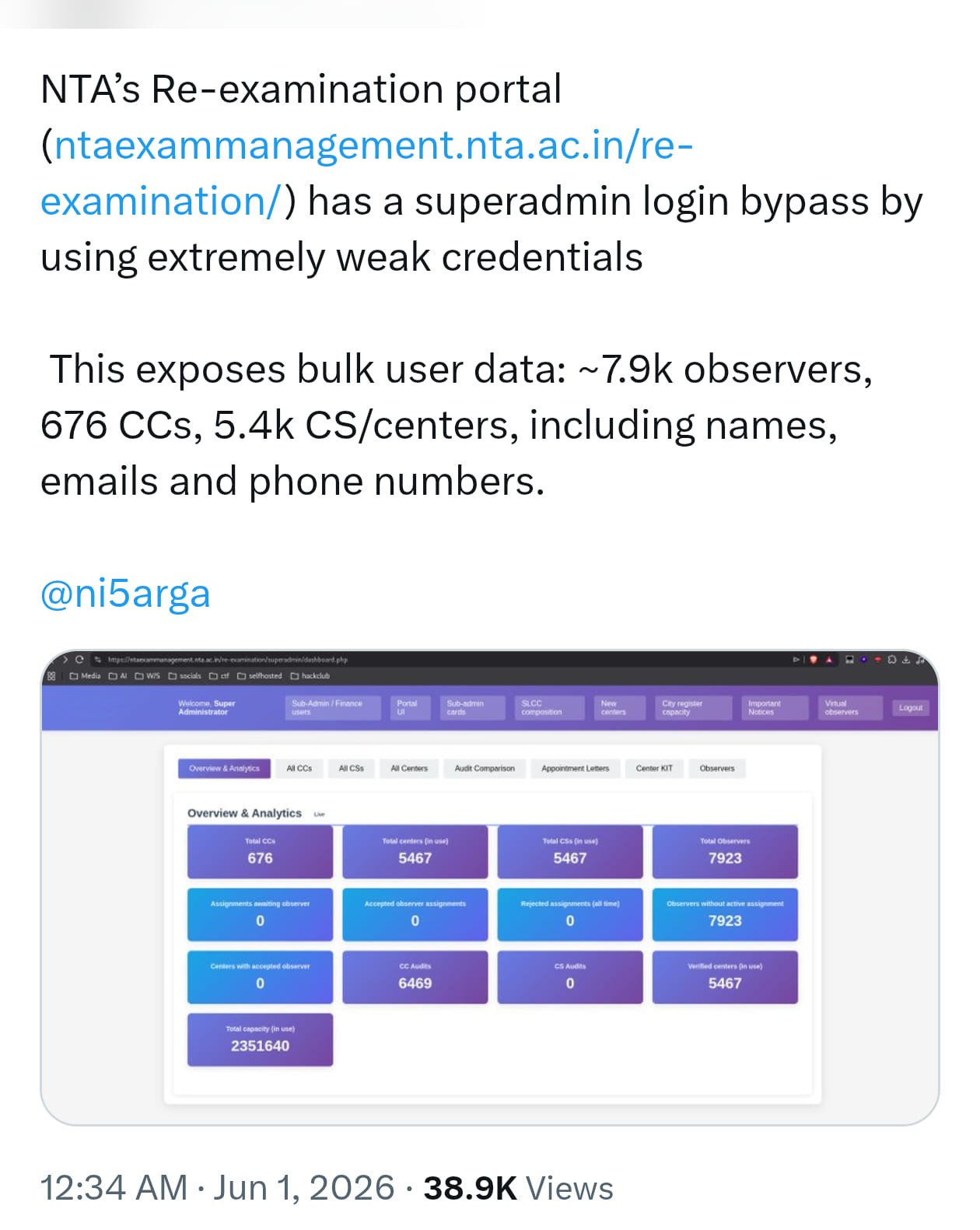 Screenshot showing publicly reported claim about NTA re-examination portal vulnerability
