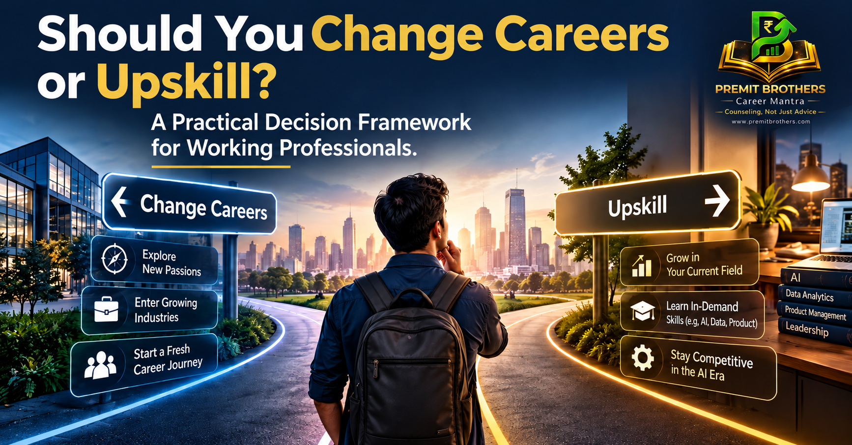 Working professional deciding whether to change careers or upskill, Premit Brothers Career Mantra